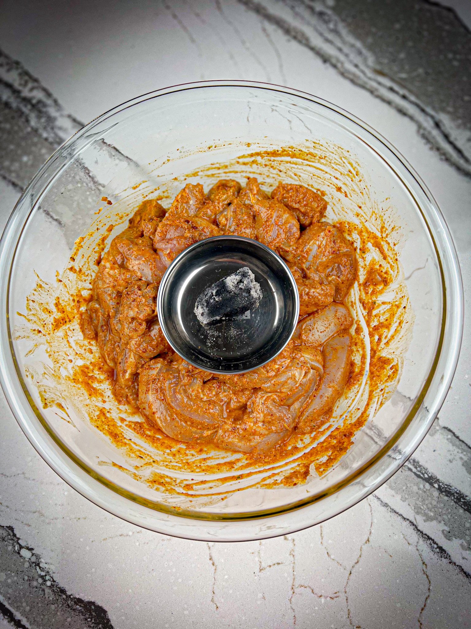 marinated chicken with a hot coal.